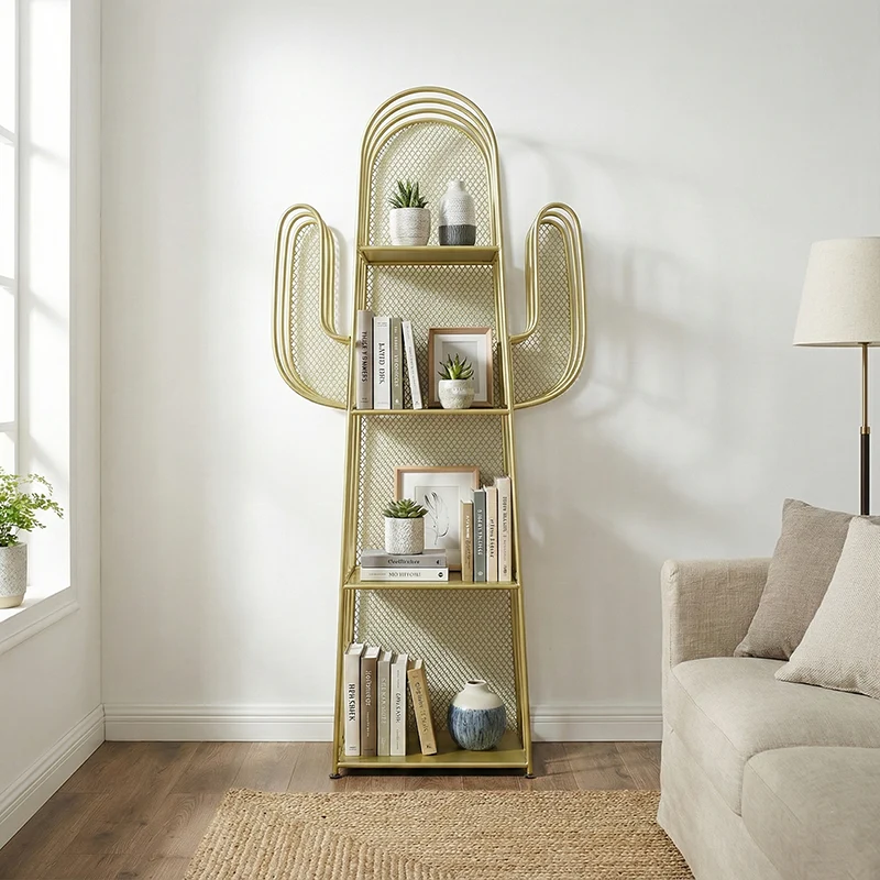 Modern Minimalist Cactus-Shaped Iron Bookshelves 4-Tier Artistic Durability For Living Room