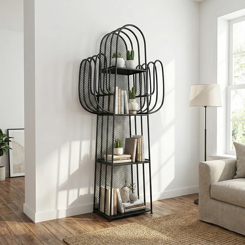 Modern Minimalist Cactus-Shaped Iron Bookshelves 4-Tier Artistic Durability For Living Room