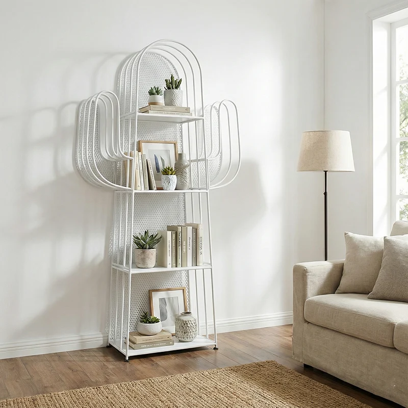 Modern Minimalist Cactus-Shaped Iron Bookshelves 4-Tier Artistic Durability For Living Room