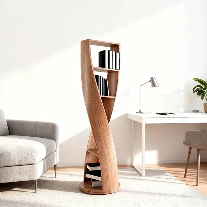 Modern Minimalist Curved Solid Wood Multi-Layer Bookshelves 5-Tier Rotatable For Living Room