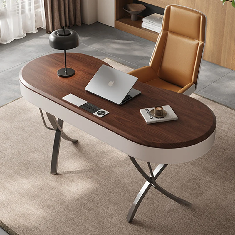 Modern Minimalist Oval Stainless Steel Solid Wood Medium Density Fiberboard Desks 2-Leg 1-Drawer For Home Office