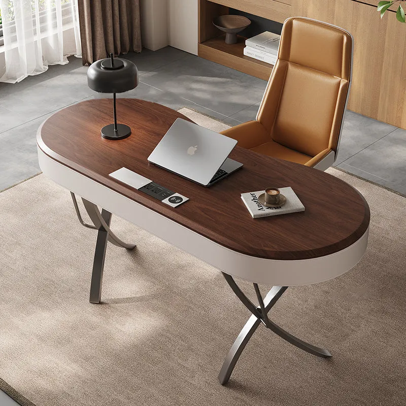 Modern Minimalist Oval Stainless Steel Solid Wood Medium Density Fiberboard Desks 2-Leg 1-Drawer For Home Office