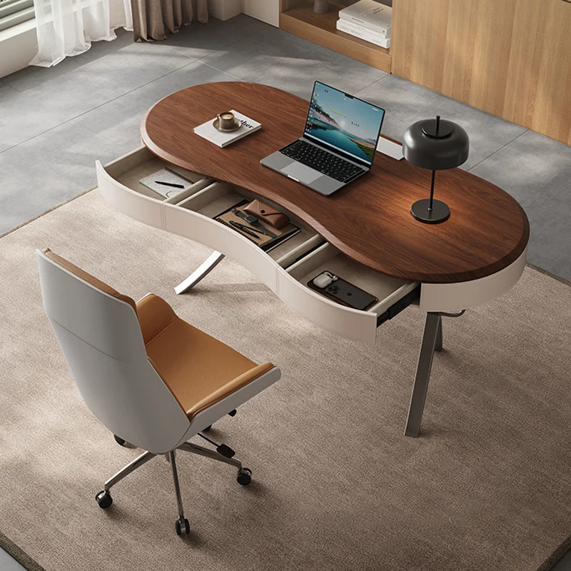 Modern Minimalist Oval Stainless Steel Solid Wood Medium Density Fiberboard Desks 2-Leg 1-Drawer For Home Office