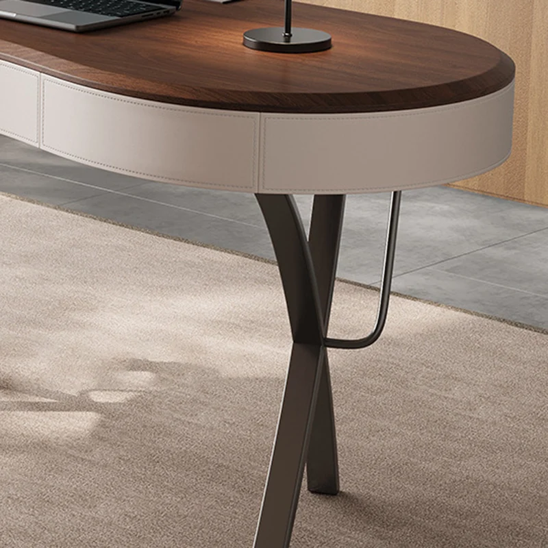 Modern Minimalist Oval Stainless Steel Solid Wood Medium Density Fiberboard Desks 2-Leg 1-Drawer For Home Office