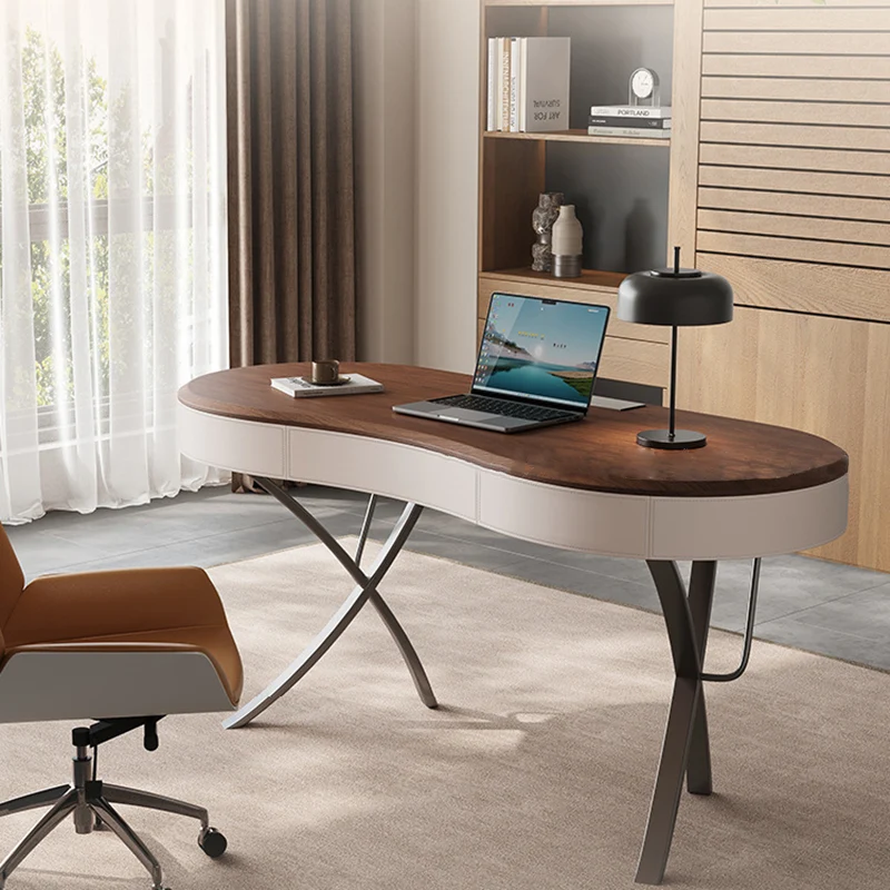 Modern Minimalist Oval Stainless Steel Solid Wood Medium Density Fiberboard Desks 2-Leg 1-Drawer For Home Office