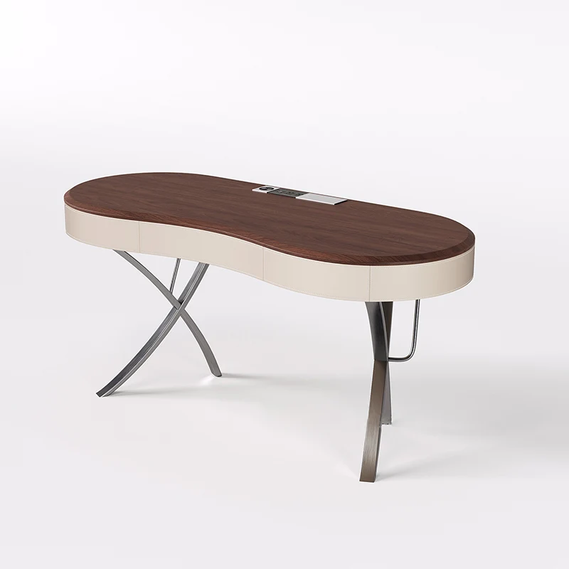 Modern Minimalist Oval Stainless Steel Solid Wood Medium Density Fiberboard Desks 2-Leg 1-Drawer For Home Office