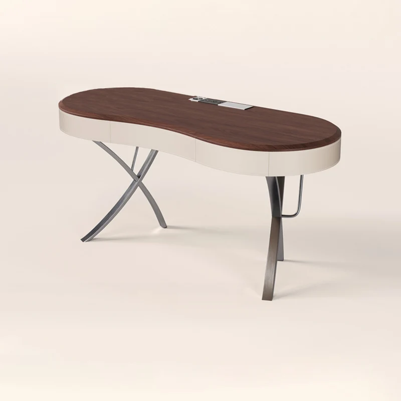 Modern Minimalist Oval Stainless Steel Solid Wood Medium Density Fiberboard Desks 2-Leg 1-Drawer For Home Office