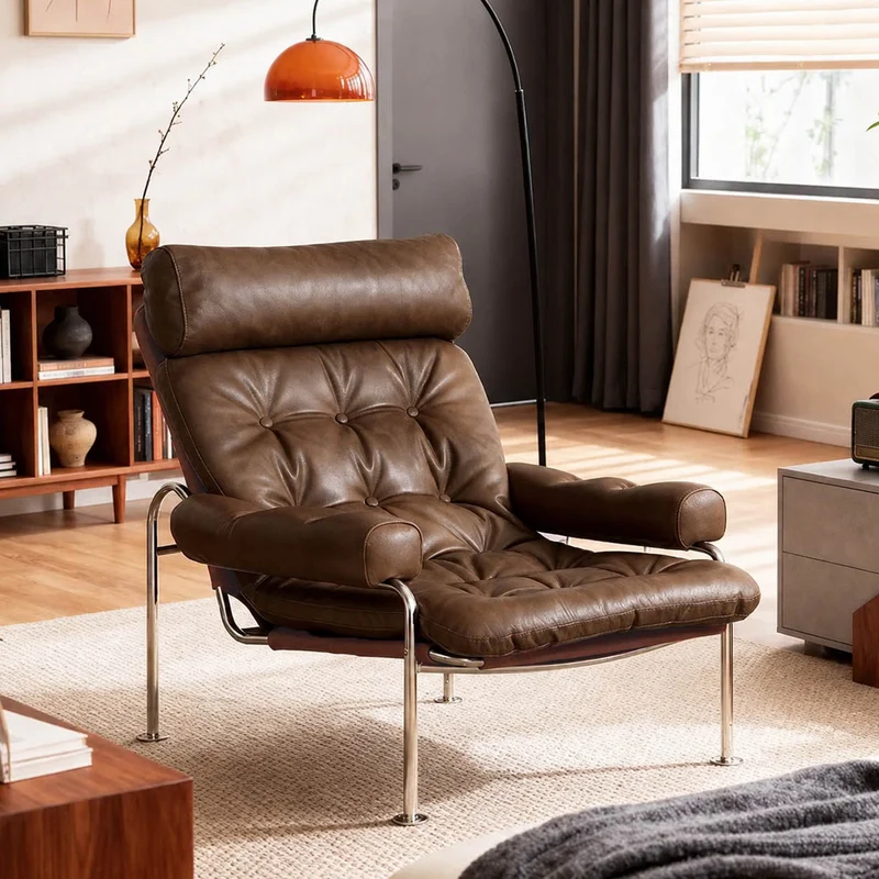 Modern Minimalist Curved Microfiber Leather Stainless Steel Sponge Accent Chair Backrest Armrest For Living Room
