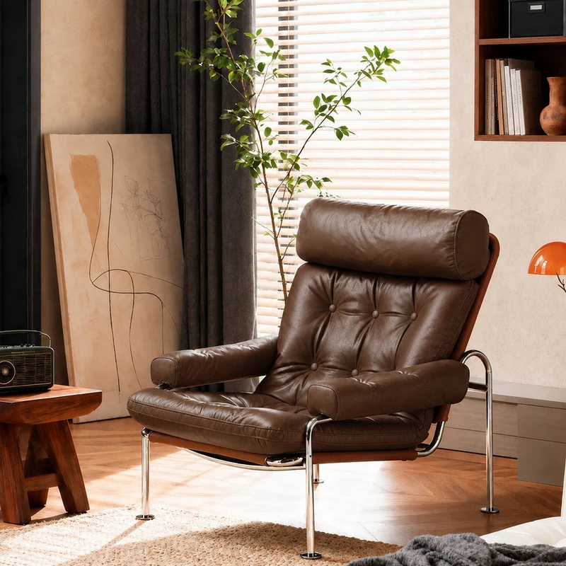 Modern Minimalist Curved Microfiber Leather Stainless Steel Sponge Accent Chair Backrest Armrest For Living Room