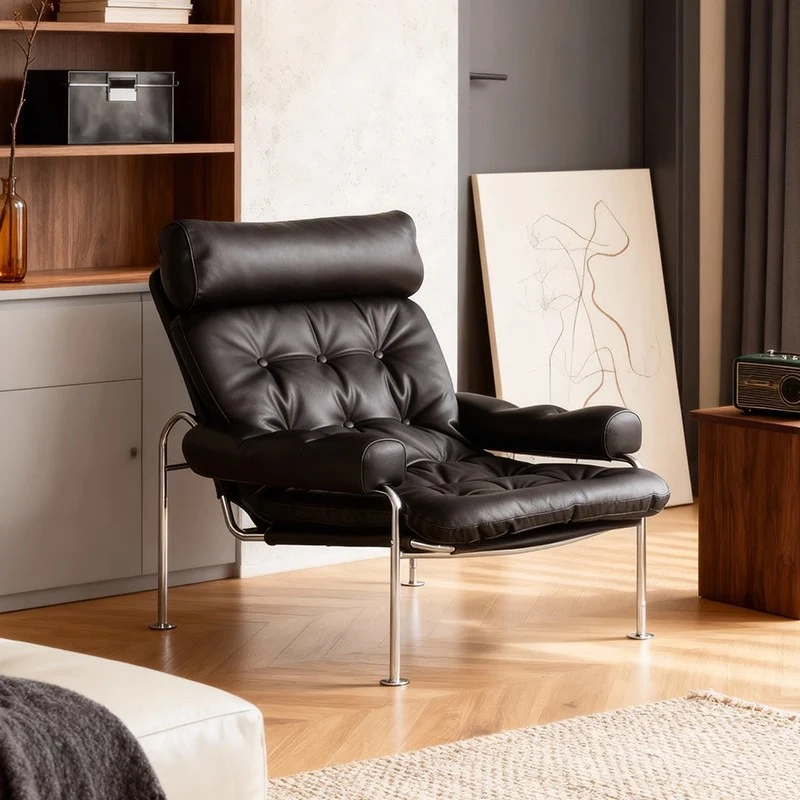 Modern Minimalist Curved Microfiber Leather Stainless Steel Sponge Accent Chair Backrest Armrest For Living Room