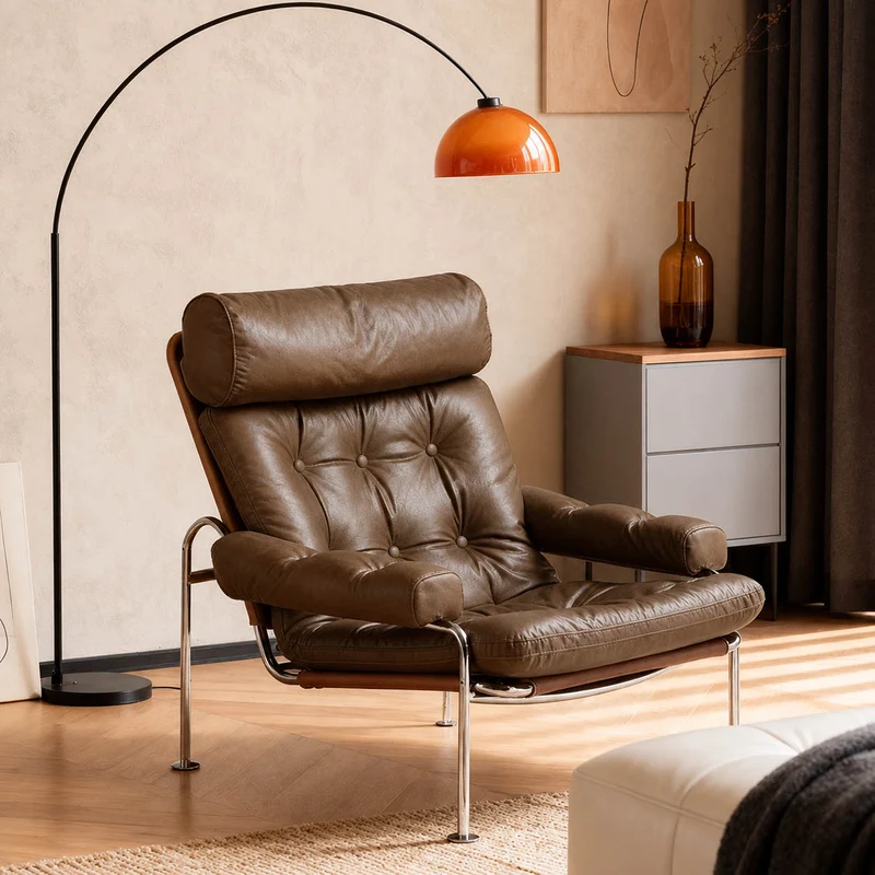 Modern Minimalist Curved Microfiber Leather Stainless Steel Sponge Accent Chair Backrest Armrest For Living Room