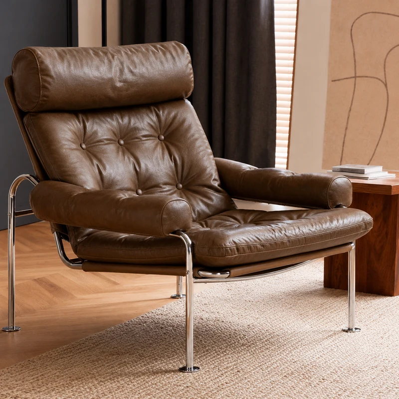 Modern Minimalist Curved Microfiber Leather Stainless Steel Sponge Accent Chair Backrest Armrest For Living Room