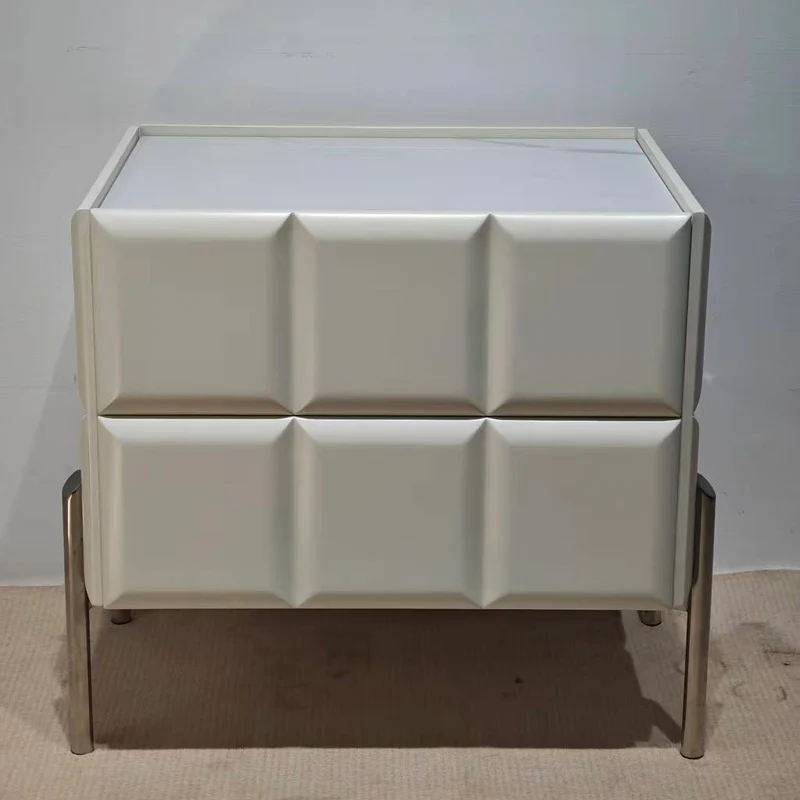 Modern Minimalist Rectangular Nightstand With Dual Drawers Slate Stone Top Plywood Body Stainless Steel Legs For Bedroom