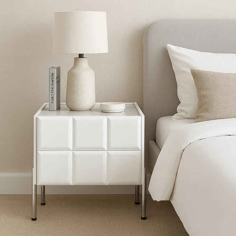 Modern Minimalist Rectangular Nightstand With Dual Drawers Slate Stone Top Plywood Body Stainless Steel Legs For Bedroom