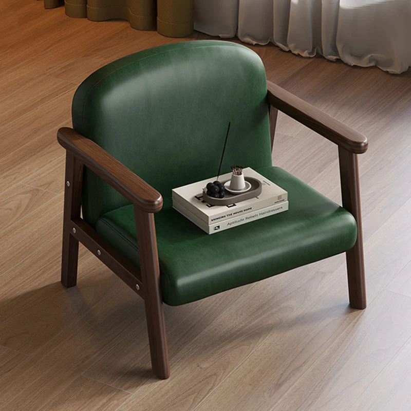 Contemporary Scandinavian Curved Arc Rubberwood Faux Oil-Wax Leather Flannelette Kids Accent Chair Backrest Armrest For Bedroom