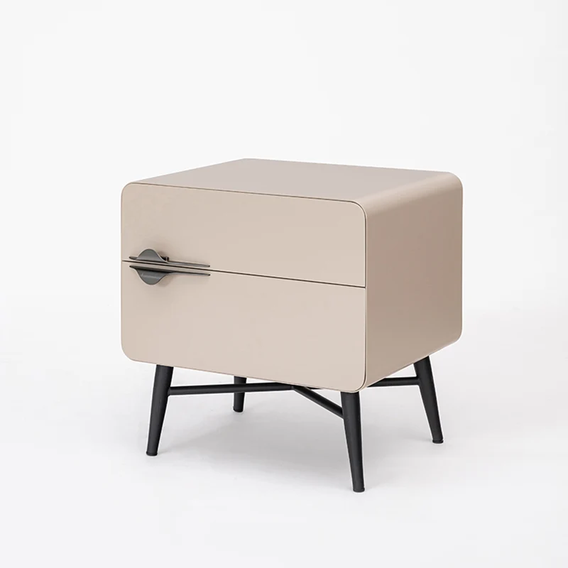 Soft-Hued Nordic Nightstand - Baking Paint Finish Integrated Metal Handle Bedside Table 2-Drawer For Bedroom