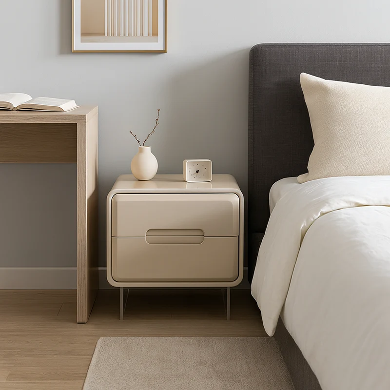 Contemporary Scandinavian Soft Beige 2-Drawer Storage Nightstand - Rounded Corner Design Clear Acrylic Legs Bedside Table For Bedroom