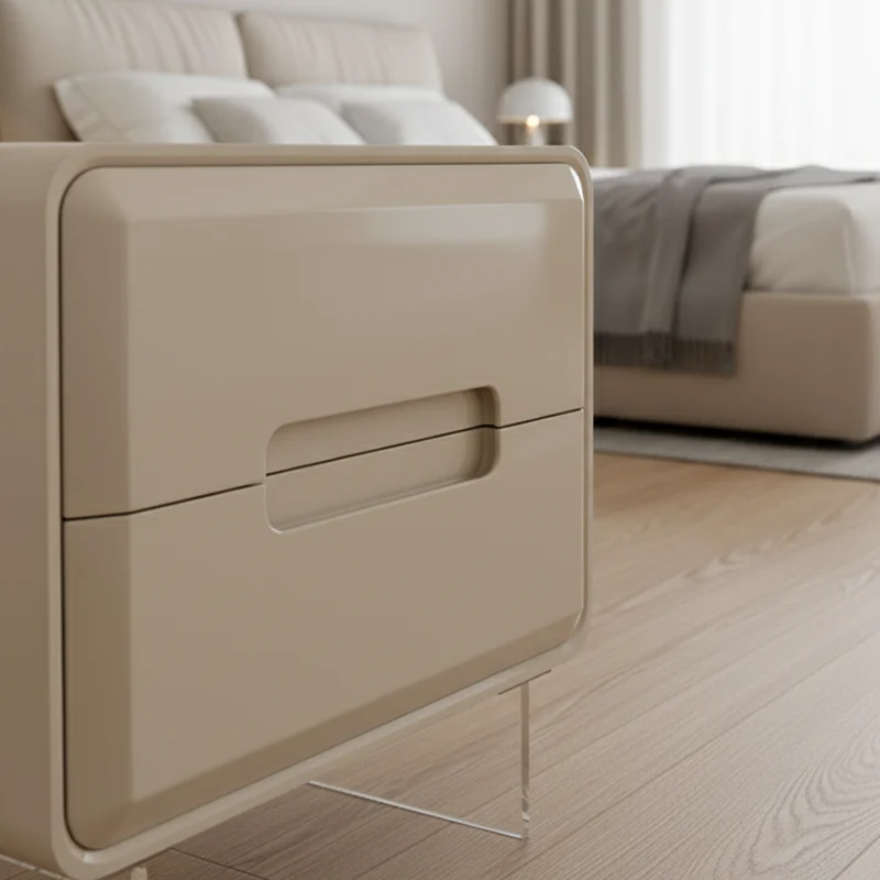 Contemporary Scandinavian Soft Beige 2-Drawer Storage Nightstand - Rounded Corner Design Clear Acrylic Legs Bedside Table For Bedroom
