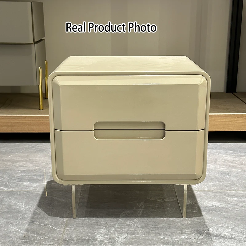 Contemporary Scandinavian Soft Beige 2-Drawer Storage Nightstand - Rounded Corner Design Clear Acrylic Legs Bedside Table For Bedroom