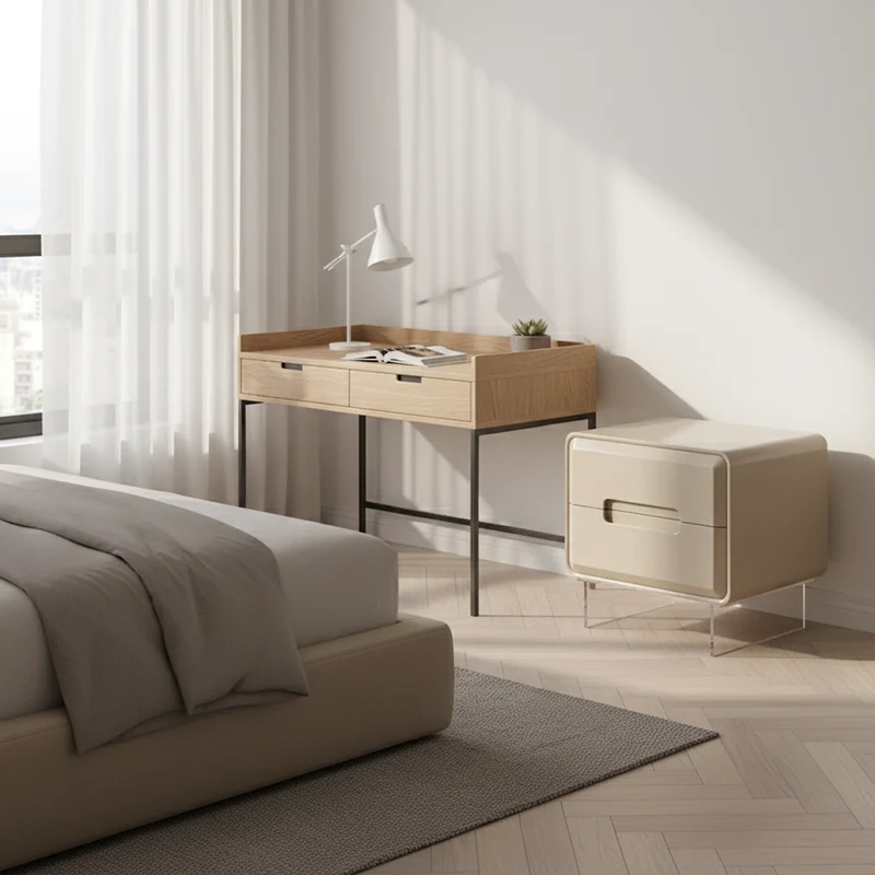 Contemporary Scandinavian Soft Beige 2-Drawer Storage Nightstand - Rounded Corner Design Clear Acrylic Legs Bedside Table For Bedroom