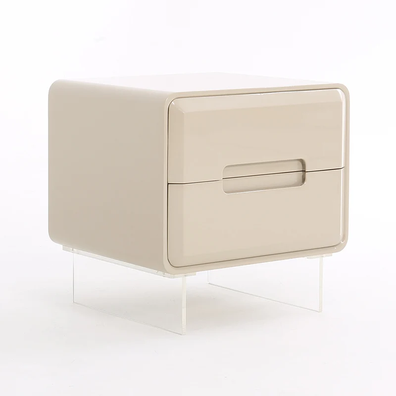 Contemporary Scandinavian Soft Beige 2-Drawer Storage Nightstand - Rounded Corner Design Clear Acrylic Legs Bedside Table For Bedroom