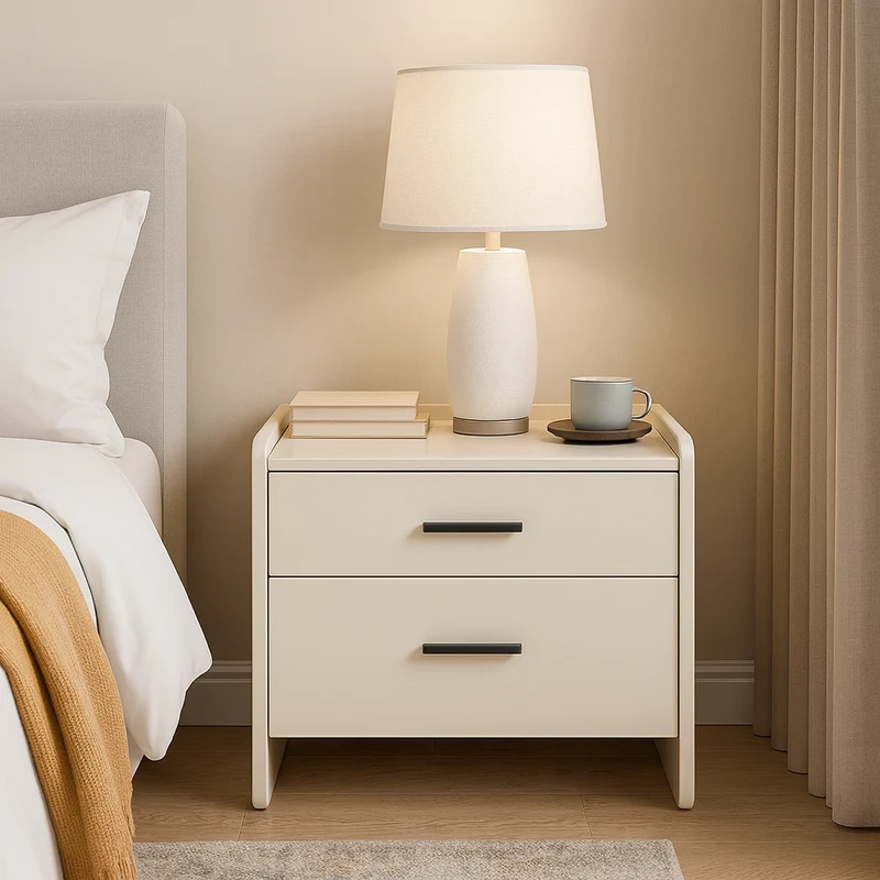 Contemporary Scandinavian Beige 2-Drawer Storage Nightstand - Stone Slab Top Bedside Table For Bedroom