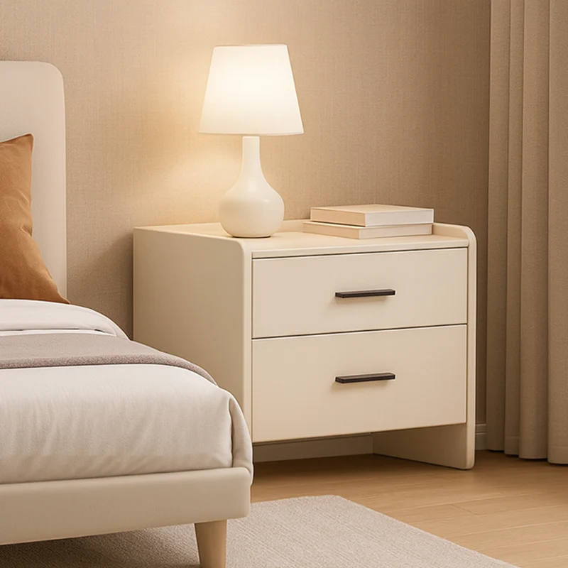Contemporary Scandinavian Beige 2-Drawer Storage Nightstand - Stone Slab Top Bedside Table For Bedroom