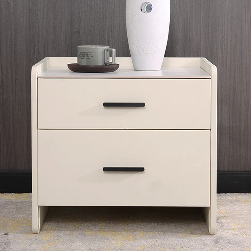 Contemporary Scandinavian Beige 2-Drawer Storage Nightstand - Stone Slab Top Bedside Table For Bedroom