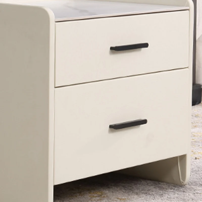 Contemporary Scandinavian Beige 2-Drawer Storage Nightstand - Stone Slab Top Bedside Table For Bedroom