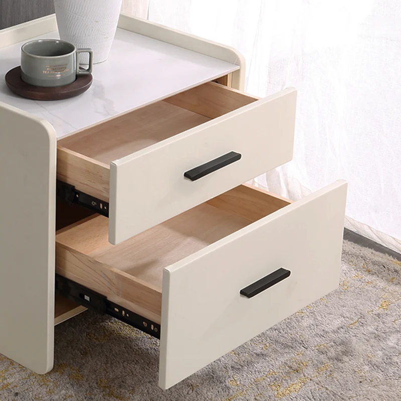 Contemporary Scandinavian Beige 2-Drawer Storage Nightstand - Stone Slab Top Bedside Table For Bedroom