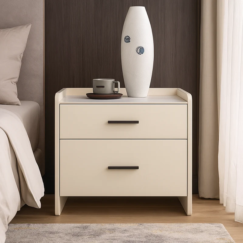 Contemporary Scandinavian Beige 2-Drawer Storage Nightstand - Stone Slab Top Bedside Table For Bedroom