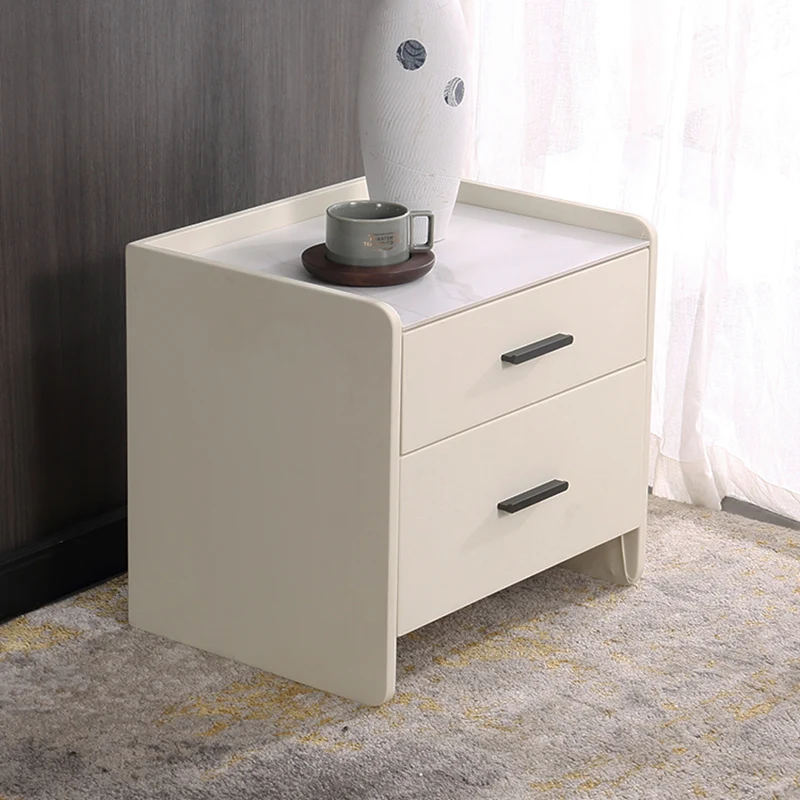 Contemporary Scandinavian Beige 2-Drawer Storage Nightstand - Stone Slab Top Bedside Table For Bedroom