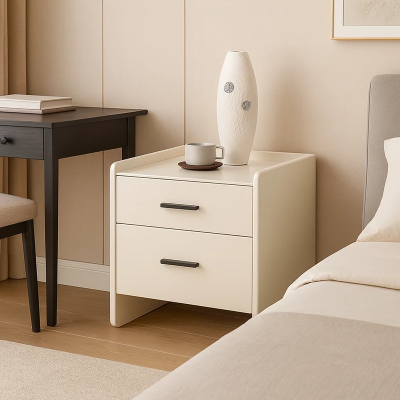 Contemporary Scandinavian Beige 2-Drawer Storage Nightstand - Stone Slab Top Bedside Table For Bedroom