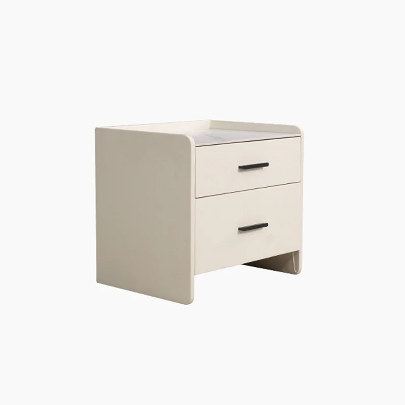 Contemporary Scandinavian Beige 2-Drawer Storage Nightstand - Stone Slab Top Bedside Table For Bedroom