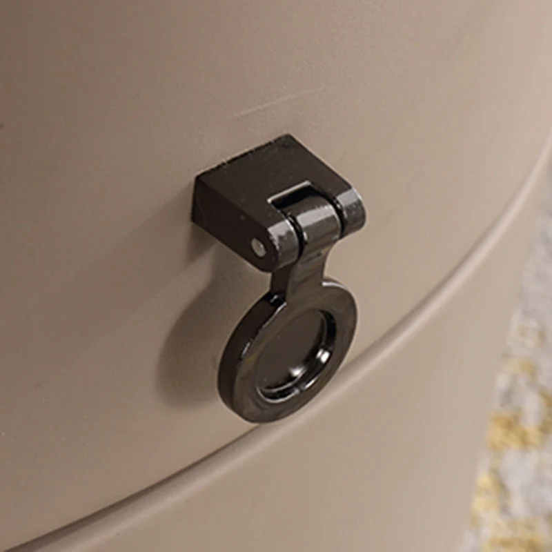 Modern Luxury Round 2-Drawer Storage Nightstand, Light Brown Faux Leather Stone Slab Top Bedside Table For Bedroom