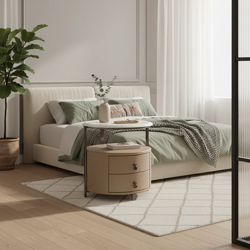 Modern Luxury Round 2-Drawer Storage Nightstand, Light Brown Faux Leather Stone Slab Top Bedside Table For Bedroom