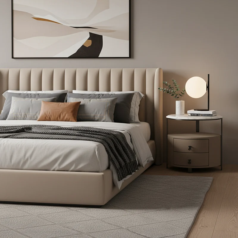 Modern Luxury Round 2-Drawer Storage Nightstand, Light Brown Faux Leather Stone Slab Top Bedside Table For Bedroom