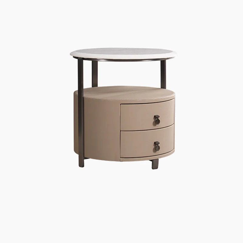 Modern Luxury Round 2-Drawer Storage Nightstand, Light Brown Faux Leather Stone Slab Top Bedside Table For Bedroom