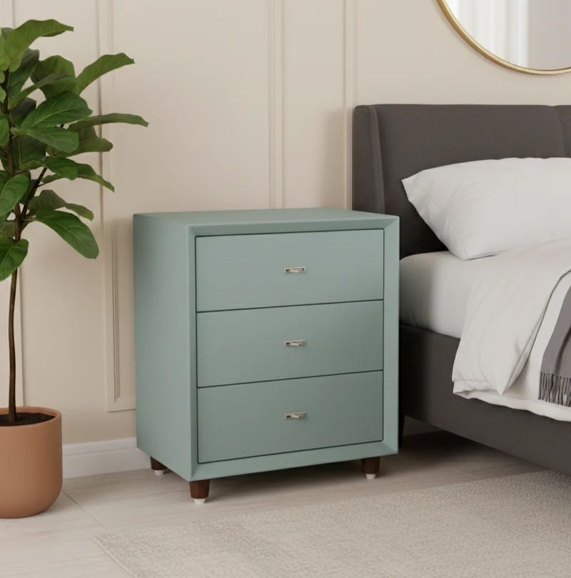 Contemporary Scandinavian Dusty Blue 3-Drawer Nightstand - Matte Faux Leather Bedside Table Minimalist Storage Cabinet For Bedroom