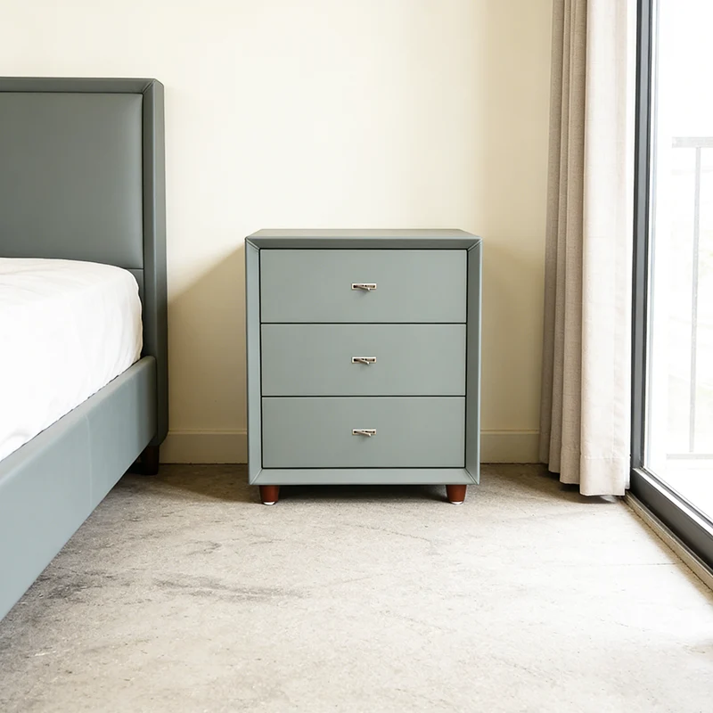 Contemporary Scandinavian Dusty Blue 3-Drawer Nightstand - Matte Faux Leather Bedside Table Minimalist Storage Cabinet For Bedroom