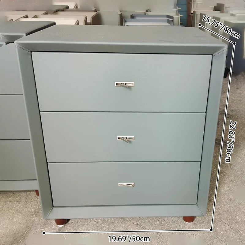 Contemporary Scandinavian Dusty Blue 3-Drawer Nightstand - Matte Faux Leather Bedside Table Minimalist Storage Cabinet For Bedroom