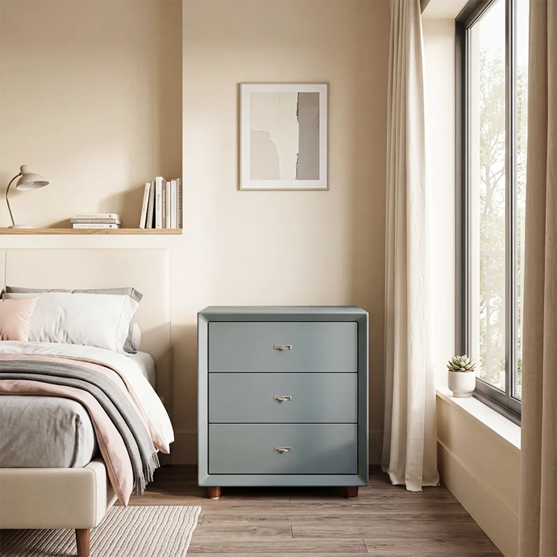 Contemporary Scandinavian Dusty Blue 3-Drawer Nightstand - Matte Faux Leather Bedside Table Minimalist Storage Cabinet For Bedroom