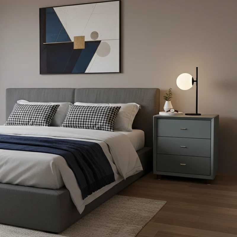 Contemporary Scandinavian Dusty Blue 3-Drawer Nightstand - Matte Faux Leather Bedside Table Minimalist Storage Cabinet For Bedroom
