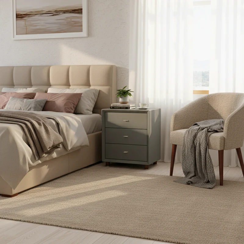 Contemporary Scandinavian Dusty Blue 3-Drawer Nightstand - Matte Faux Leather Bedside Table Minimalist Storage Cabinet For Bedroom