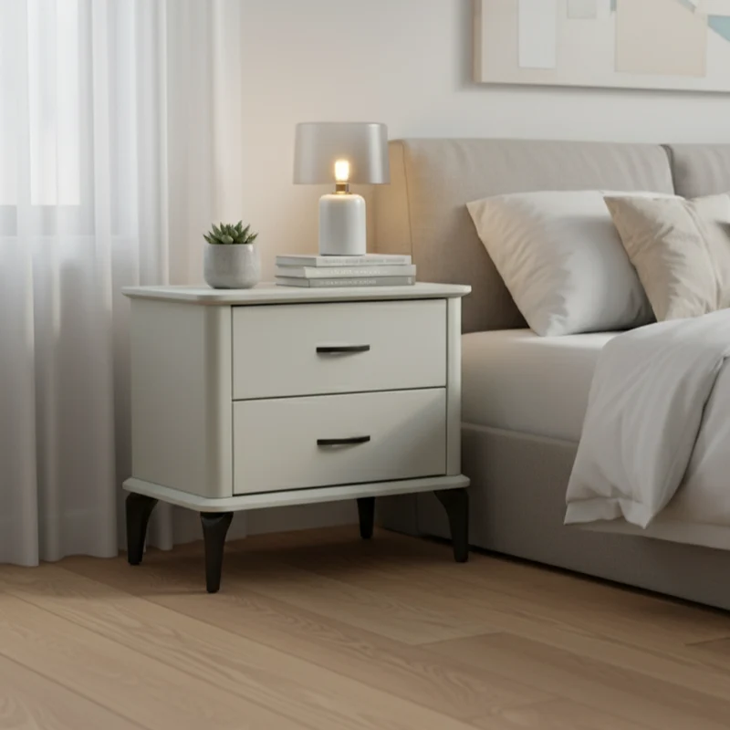 Modern Minimalist 2-Drawer Storage Nightstand - Cream PVC Faux Leather Bedside Table For Bedroom