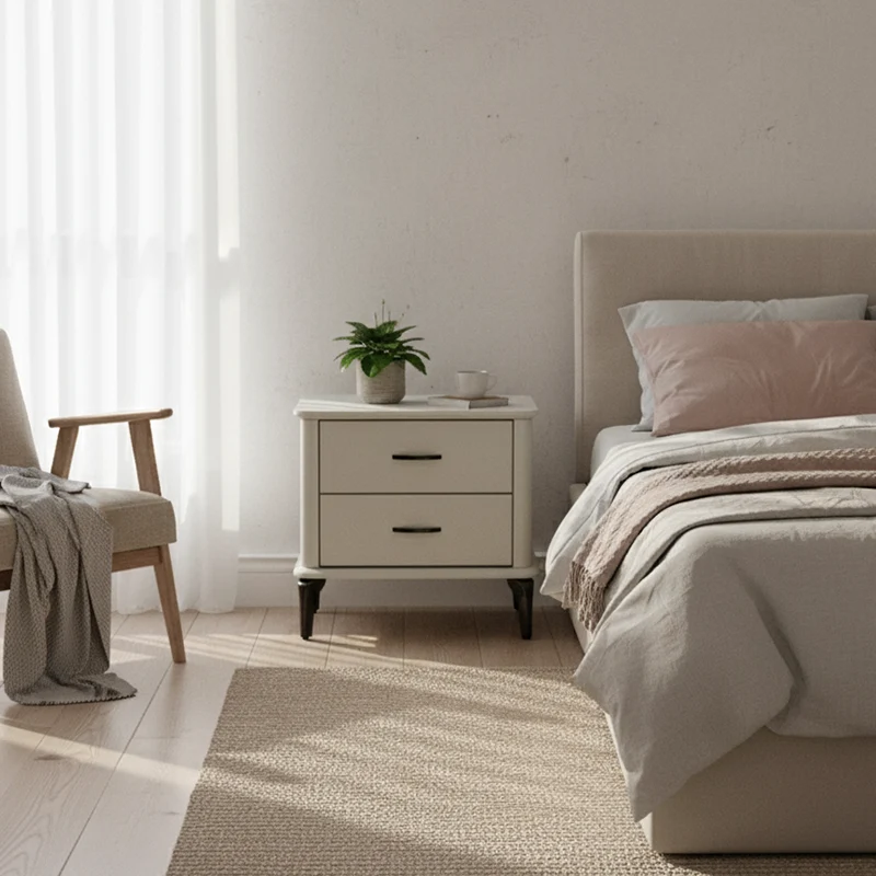 Modern Minimalist 2-Drawer Storage Nightstand - Cream PVC Faux Leather Bedside Table For Bedroom