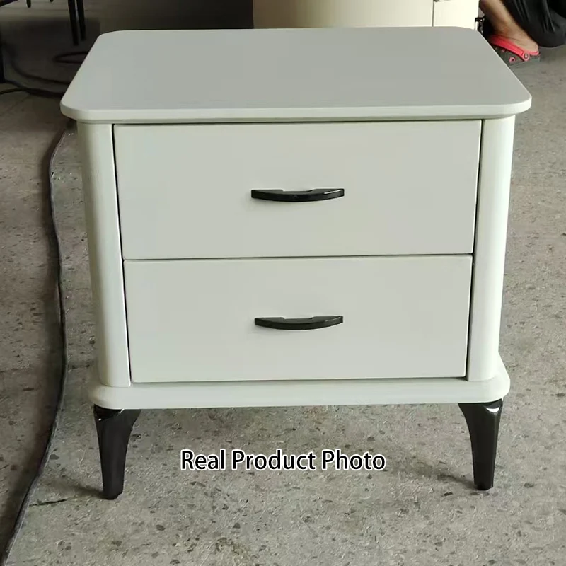 Modern Minimalist 2-Drawer Storage Nightstand - Cream PVC Faux Leather Bedside Table For Bedroom