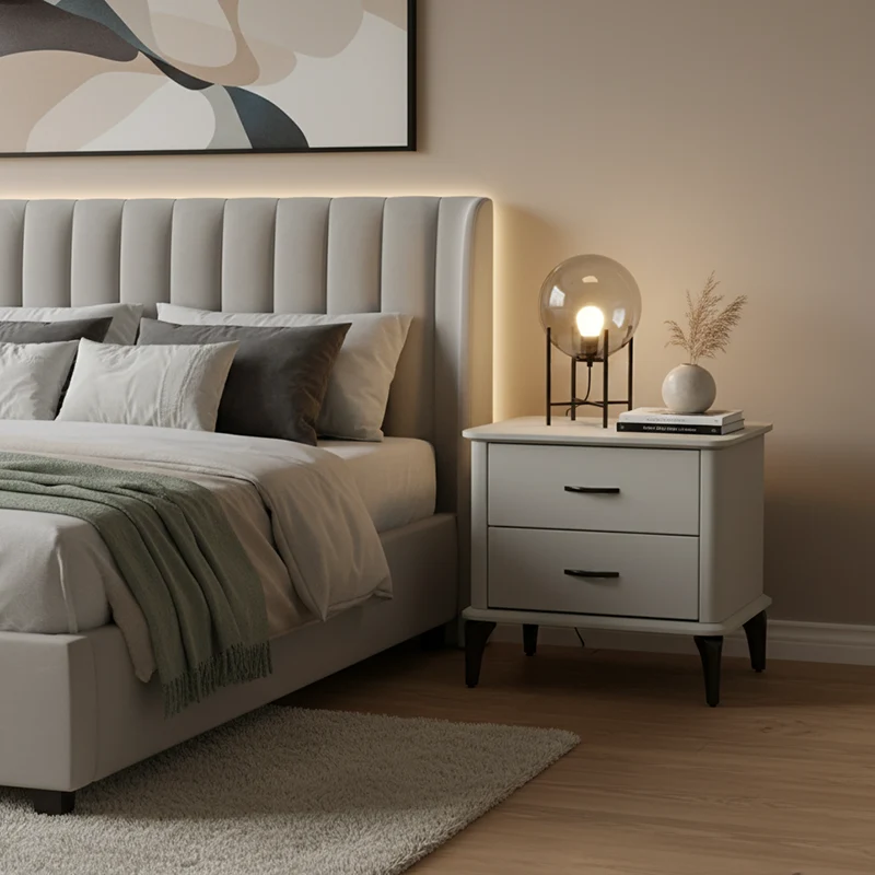 Modern Minimalist 2-Drawer Storage Nightstand - Cream PVC Faux Leather Bedside Table For Bedroom