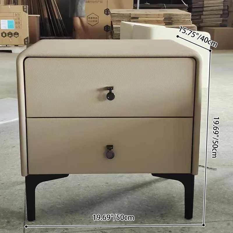 Contemporary Scandinavian Storage Nightstand - Cream Faux Leather Dual Drawer Bedside Table For Bedroom
