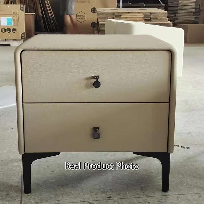 Contemporary Scandinavian Storage Nightstand - Cream Faux Leather Dual Drawer Bedside Table For Bedroom